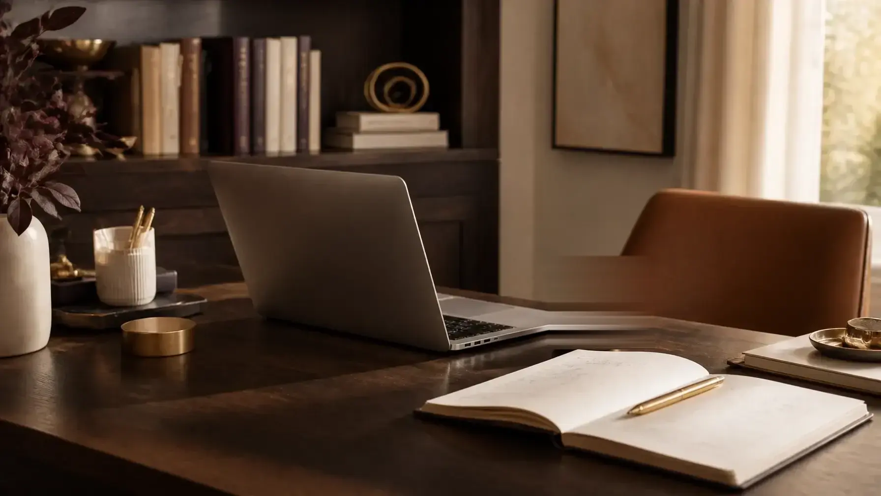 A warm executive workspace with a laptop, notebook, and gold accents